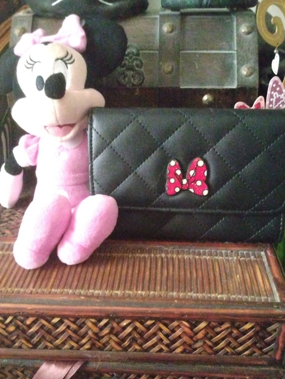 Disney Black Quilted  Wallet with Pink Polka Dot Bow Accent comes with Minnie